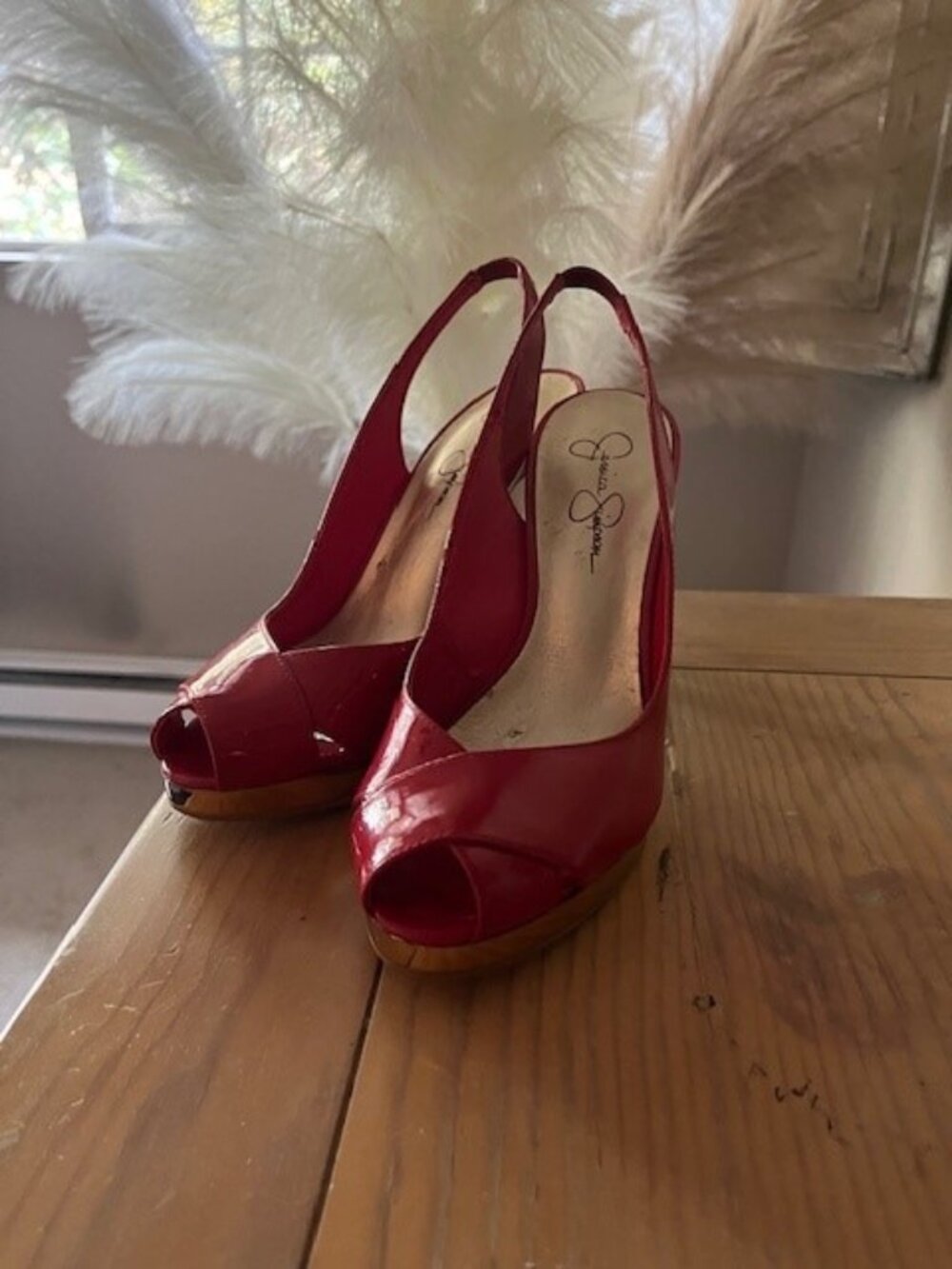 Jessica Simpson Red Patent Pumps – Rose Gold Chrome Platform